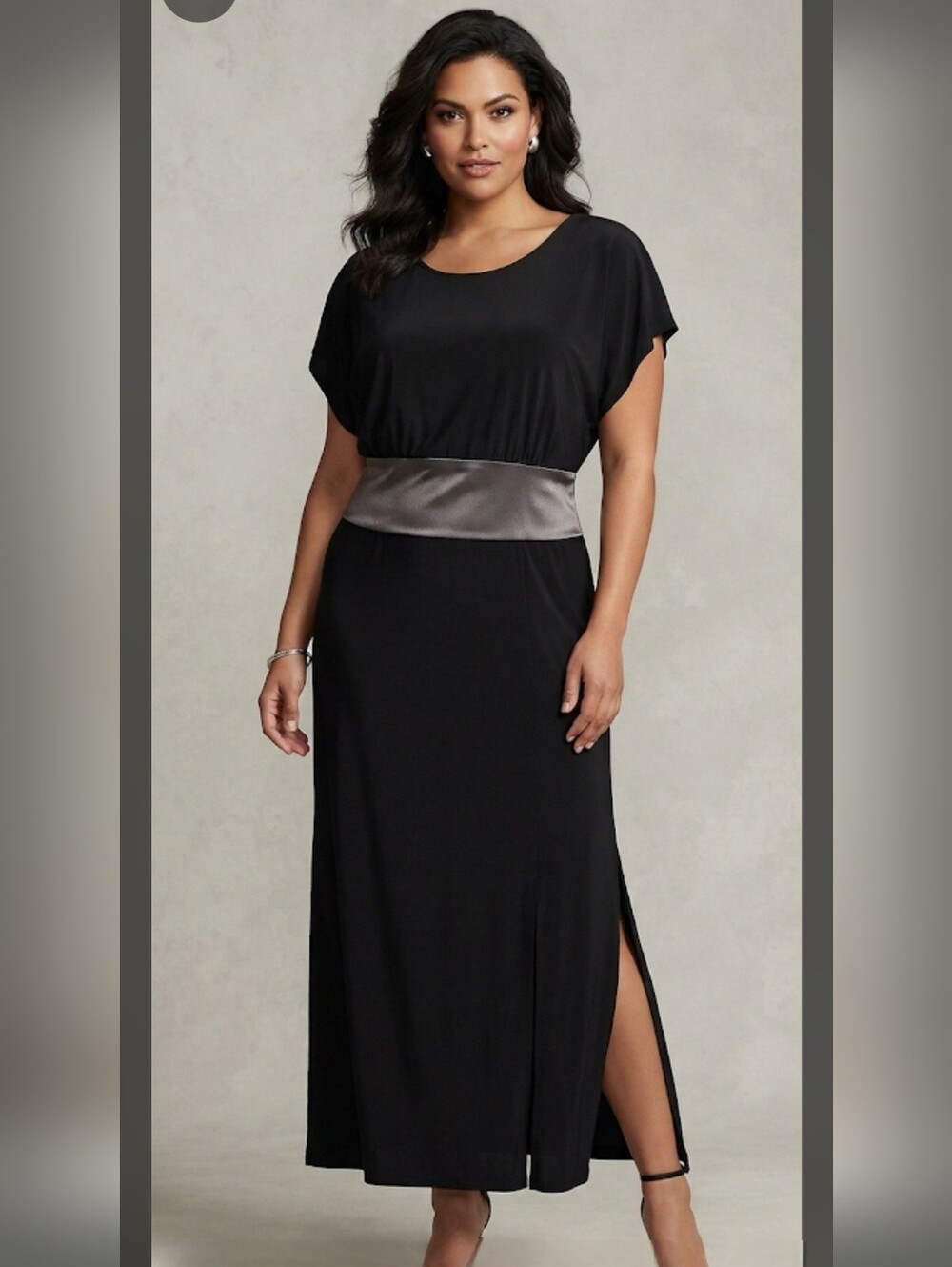SL Fashions Black Evening Gown Satin Bow Side Slit Back Button Closure Sz 16 NWT